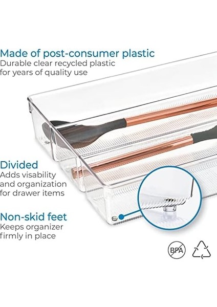 3 Bölmeli Derin Çekmece Düzenleyici, Büyük Plastik Mutfak Çekmece Ek Parçası, Mutfak Aksesuarları, Mutfak Eşyaları ve Çatal Bıçak Takımı Için Pratik Çekmece Düzenleyici, Şeffaf, 26,7 x 7,6 x 35 cm