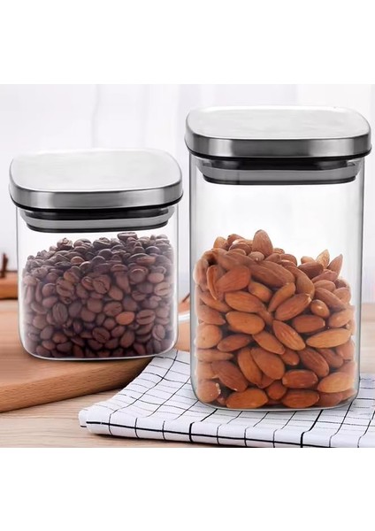 Kare Borosilikat Cam Sızdırmaz Vakumlu Erzak ve Bakliyat Saklama Kabı - Havadaki Termisil Kavanoz, Şeker, Un, Makarna, Çay, Kahve ve Kuru Gıdalar Için Ideal (Metal Kapak, 900 Ml)