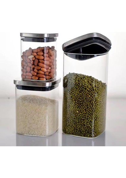 Kare Borosilikat Cam Sızdırmaz Vakumlu Erzak ve Bakliyat Saklama Kabı - Havadaki Termisil Kavanoz, Şeker, Un, Makarna, Çay, Kahve ve Kuru Gıdalar Için Ideal (Metal Kapak, 900 Ml)