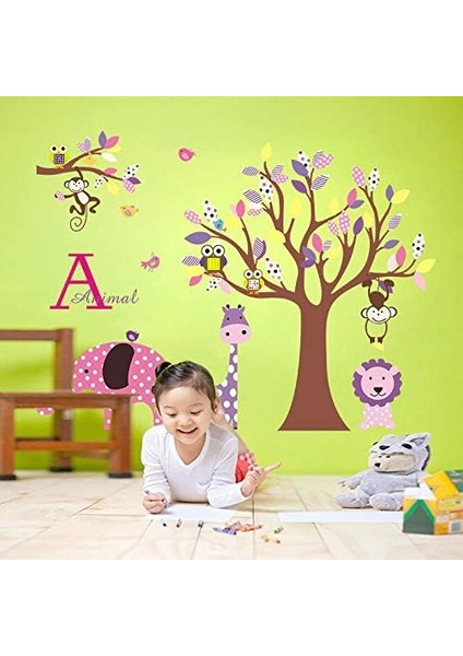 Kids Çocuk Odası Dekorasyonu Pembe Mor Sevimli Hayvanlar ve Ağaç Hediyelik Duvar Dekoru