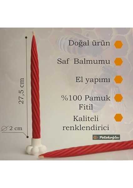 Balmumu Mum Kırmızı (2 Adet 27.5 cm ) Kalın Burgu Burgulu Balmumu Şamdan Mumu Dekoratif Mum (Kırmızı) Mum Balmumu