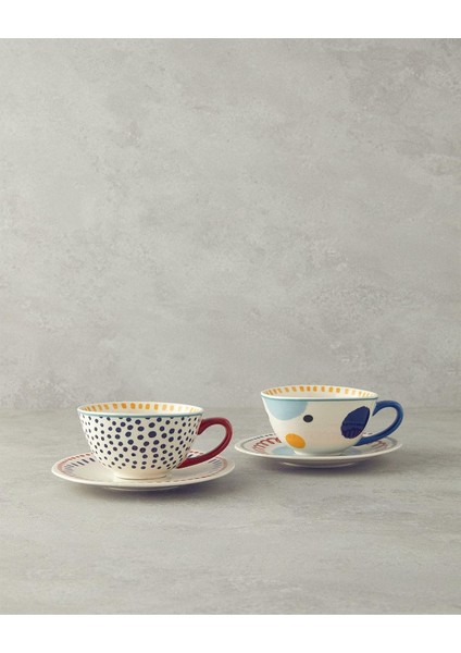 Metrashop Home Arzu Sabancı Blend Stoneware 4 Parça 2 Kişilik Çay Fincanı Takımı 220 ml Mavi-Terracotta