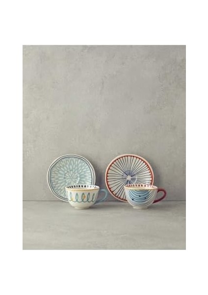Metrashop Home Arzu Sabancı Blend Stoneware 4 Parça 2 Kişilik Çay Fincanı Takımı 220 ml Mavi-Terracotta