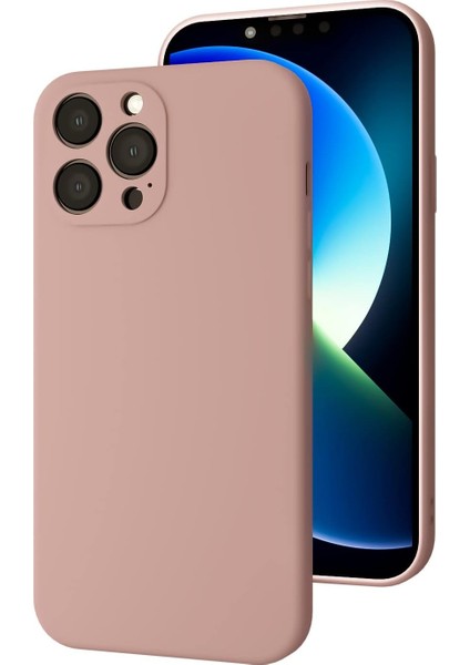 iPhone 13 Pro Max Uyumlu Kamera Korumalı, Mikrofiber Astarlı, Sıvı Silikon Kılıf (Kum Pembe)