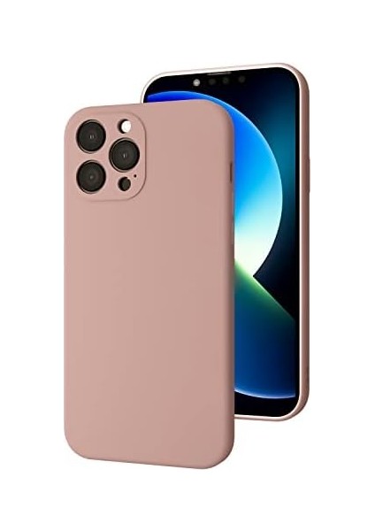iPhone 13 Pro Max Uyumlu Kamera Korumalı, Mikrofiber Astarlı, Sıvı Silikon Kılıf (Kum Pembe)