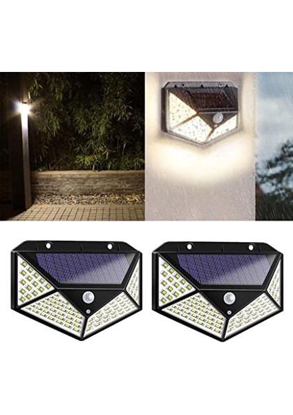 Solar Lamba 100 LED Pır Hareket Sensörlü Dış Duvar Lambası IP65 Bahçe Teras - 2 Adet
