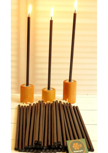 (50 Adet) Balmumu Mum ve (3 Adet) Özel Dizayn Ahşap Silindir Mumluk Dilek Mumu Doğal Petek Mum Beeswax Candle (Siyah)