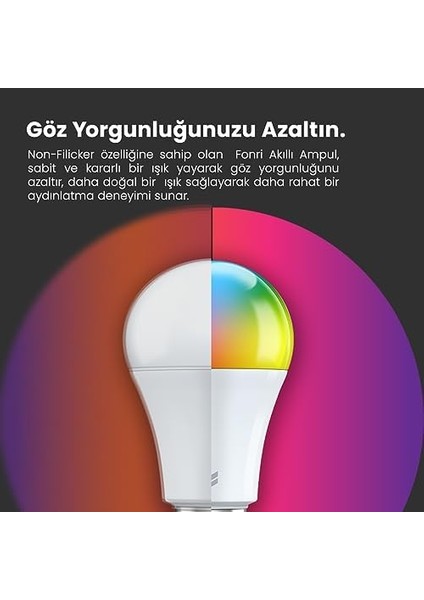 Akıllı LED Ampul, 9W-TITREŞIMSIZ, 16.7 Milyon Renk, Sesli Kontrol, 2 Yıl Garantili (2)