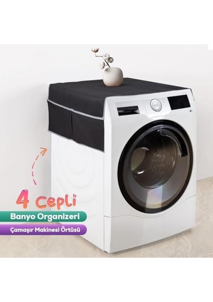 Design Çamaşır Makinesi Koruyucu Örtü 4 Cepli Banyo Düzenleyici Organizer Su Geçirmez Örtü (Siyah)