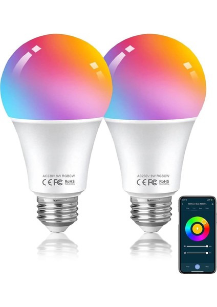 Alexa Ampuller E27 Akıllı LED Lamba, 9W 806LM Wlan Çok Renkli Kısılabilir Ampul, Alexa Echo ile Uyumlu Uygulama Kontrolü, Google Home, Hub Gerekmez, Sıcak Beyaz/soğuk Beyaz Işık, 2'li Paket