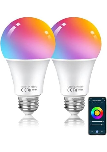 Alexa Ampuller E27 Akıllı LED Lamba, 9W 806LM Wlan Çok Renkli Kısılabilir Ampul, Alexa Echo ile Uyumlu Uygulama Kontrolü, Google Home, Hub Gerekmez, Sıcak Beyaz/soğuk Beyaz Işık, 2'li Paket