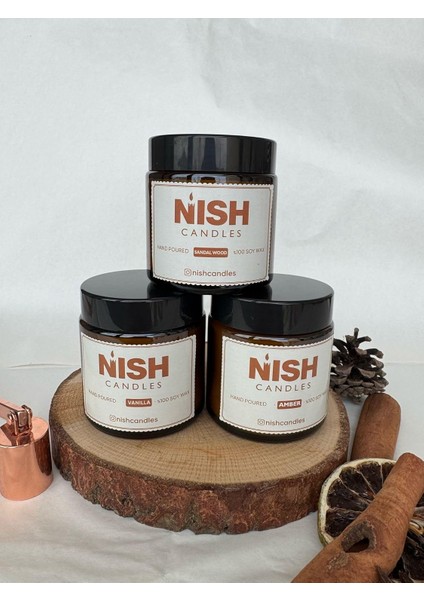 Soya Wax Üçlü Mum Seti - Sandal Ağacı, Vanilya ve Amber Kokulu