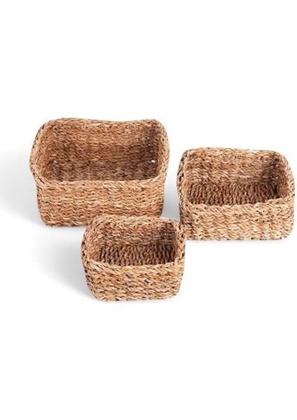 3'lü El Yapımı Doğal Kare Rattan Düzenleyici Seti | 3'lü Hasır Kare Organizer Seti - Dekoratif, Çok Amaçlı ve Dayanıklı Rattan Sepetler (26 * 26 * 12 cm - 22 * 22 * 10 cm - 18 * 18 * 8 cm )