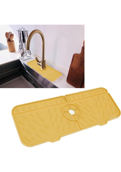 Lavabo Sıçrama Koruyucu - Silikon Musluk Sapı Damlama Tutucu Tepsi, Bulaşık Deterjanı Dağıtıcısı ve Musluğun Arkasında Sünger Tutucu Mat, Mutfak Tezgahı ve Banyo Için (Sarı)