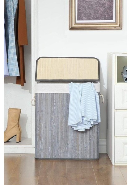 El Yapımı Hasır Katlanır Çamaşır Sepeti Dikdörtgen 60 Litre (40CM*30CM*61CM), Doğal Malzemeden Üretilmiş Çamaşırlık