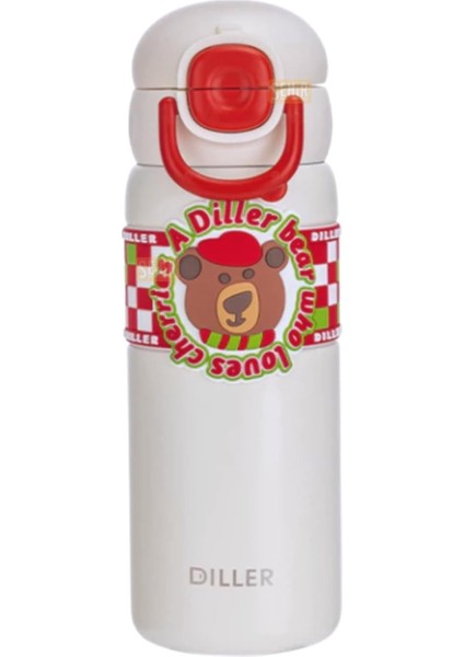 Diller 600ml Sevimli Hayvanlar Desenli Pipetli/Pipetsiz El Askılı Paslanmaz Çelik Termos (Diller Bear)
