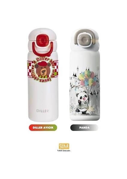 Diller 600ml Sevimli Hayvanlar Desenli Pipetli/Pipetsiz El Askılı Paslanmaz Çelik Termos (Diller Bear)