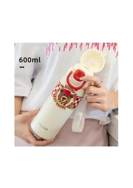 Diller 600ml Sevimli Hayvanlar Desenli Pipetli/Pipetsiz El Askılı Paslanmaz Çelik Termos (Diller Bear)
