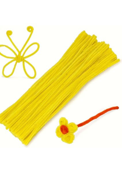 Sarı Renkli 50 Adet Şönil, Eğitici Şönil Seti, Tüylü Tel, 30 Cm, Peluş Tel