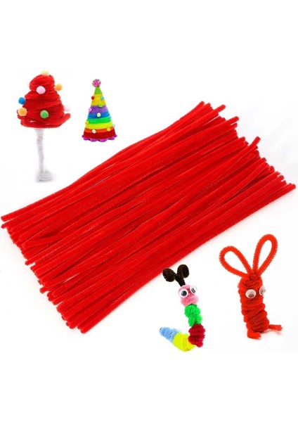 Kırmızı Renkli 50 Adet Şönil, Eğitici Şönil Seti, Tüylü Tel, 30 Cm, Peluş Tel