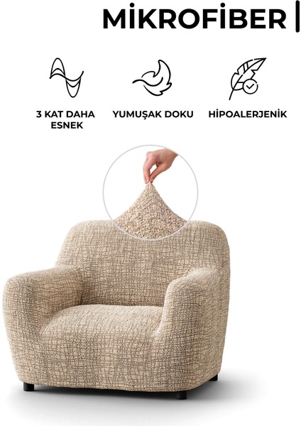 Lastikli Esnek ve Yıkanabilir Tek Kişilik Koltuk Örtüsü Koltuk Kılıfı - Bej