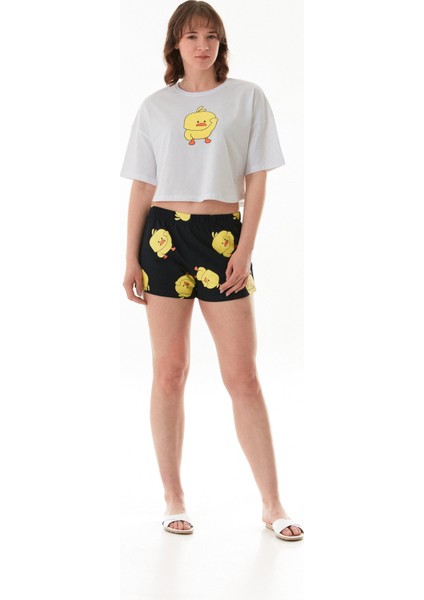 Civciv Baskılı Şortlu Oversize Pijama Takımı