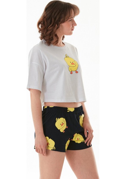 Civciv Baskılı Şortlu Oversize Pijama Takımı