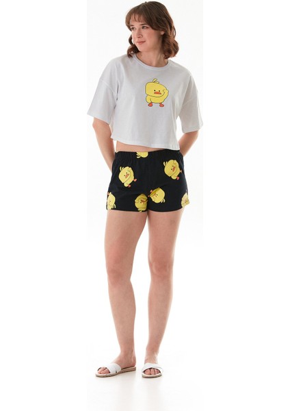 Civciv Baskılı Şortlu Oversize Pijama Takımı