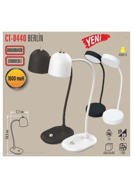 CT-8440 Berlin Şarjlı Masa Lambası Dimmerli 4000K (Siyah - Beyaz Kas)