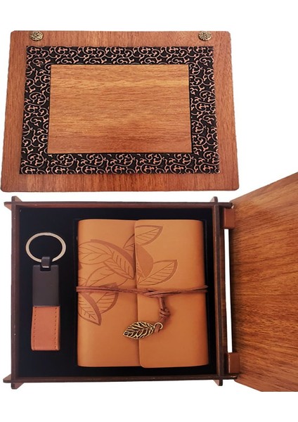 Büro Ev Ofis Hediyesi Için Ahşap Kutulu Taba Renk Deri Defter Anahtarlık Seti
