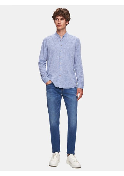 Erkek Regular Hakim Yaka Keten Görünümlü Uzun Kollu Mavi Gömlek