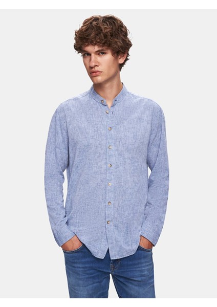 Erkek Regular Hakim Yaka Keten Görünümlü Uzun Kollu Mavi Gömlek fiyatları