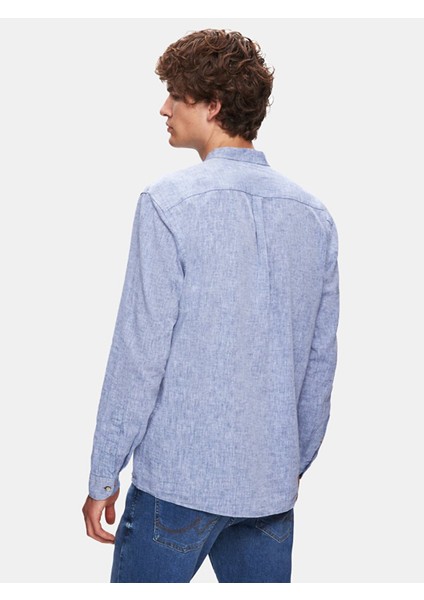 Erkek Regular Hakim Yaka Keten Görünümlü Uzun Kollu Mavi Gömlek modelleri