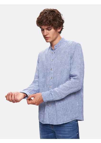 Erkek Regular Hakim Yaka Keten Görünümlü Uzun Kollu Mavi Gömlek fırsatları