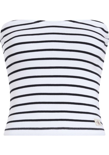 Straplez Yaka Çizgili Beyaz Kadın T-Shirt J20J2253100K4