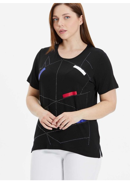 O Yaka Taşlı Siyah Kadın Bluz 25YSL8055-BB