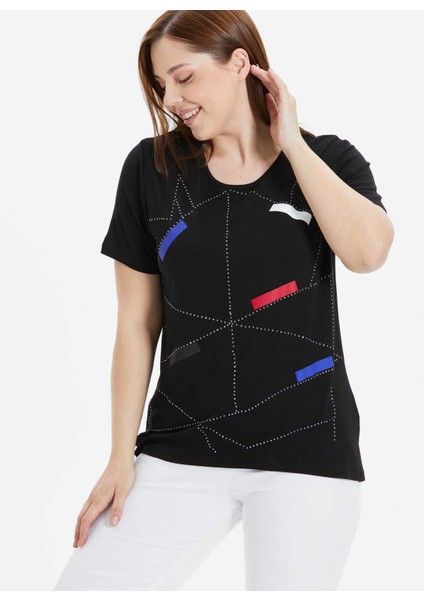 O Yaka Taşlı Siyah Kadın Bluz 25YSL8055-BB