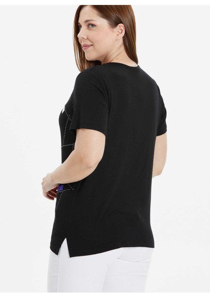 O Yaka Taşlı Siyah Kadın Bluz 25YSL8055-BB