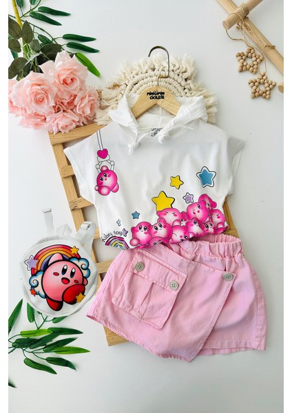 Asimetrik Şort Etekli Yıldız Baskı Kız Çocuk 3 lü takım - Beyaz