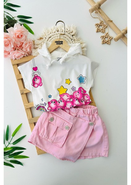 Asimetrik Şort Etekli Yıldız Baskı Kız Çocuk 3 lü takım - Beyaz modelleri