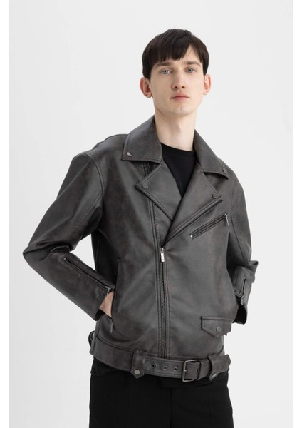 Slim Fit Polo Yaka Suni Deri Ceket Mont C5748AX24AU