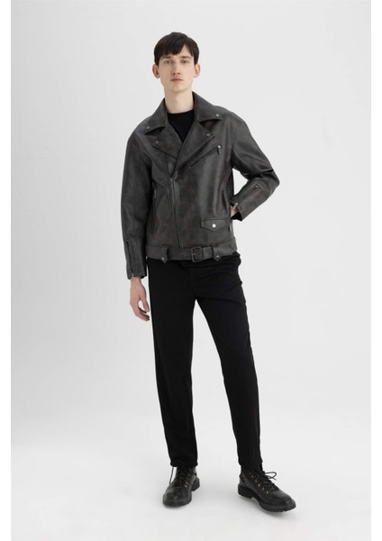 Slim Fit Polo Yaka Suni Deri Ceket Mont C5748AX24AU fiyatları