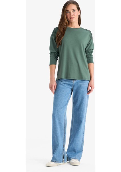 Regular Fit Bisiklet Yaka Basic Düz Uzun Kollu Tişört E9905AX25SM