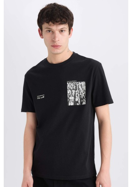 %100 Pamuk Regular Fit Bisiklet Yaka Baskılı Kısa Kollu Tişört E0583AX25SM