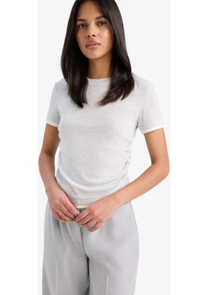 Slim Fit Dar Kesim Bisiklet Yaka Basic Düz Ribana Kısa Kollu Tişört F3504AX25SM