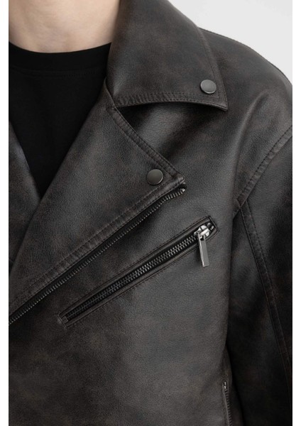 Slim Fit Polo Yaka Suni Deri Ceket Mont C5748AX24AU indirimleri