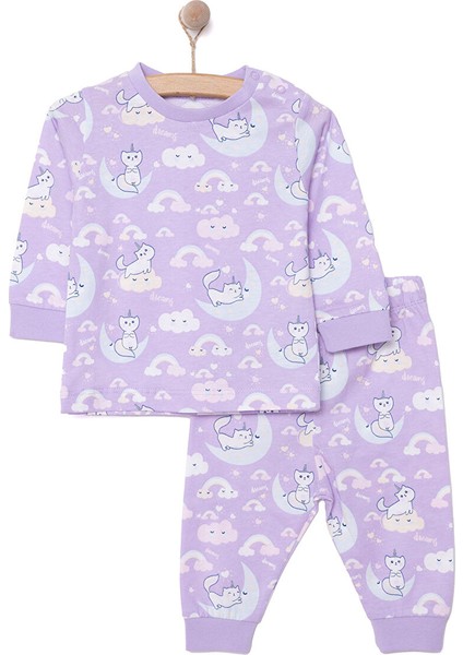 Kız Kedi Desenli Uzun Kol Pijama Takımı
