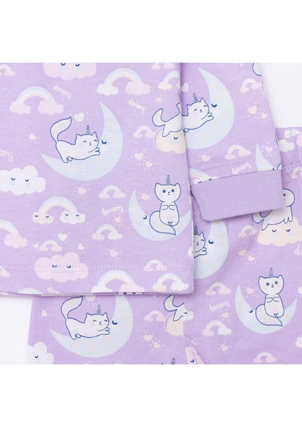 Kız Kedi Desenli Uzun Kol Pijama Takımı