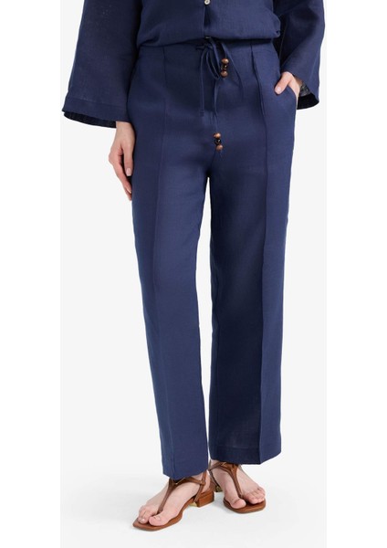 %100 Keten Straight Fit Esnek Belli Cepli Pantolon D4388AX25SM