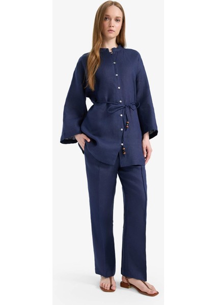 %100 Keten Straight Fit Esnek Belli Cepli Pantolon D4388AX25SM